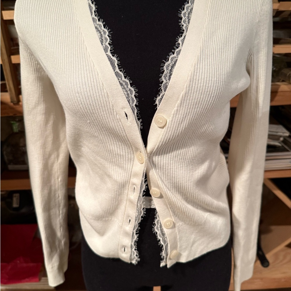 NWT LOFT Cream Ribbed Lace-Trim Button Cardigan
